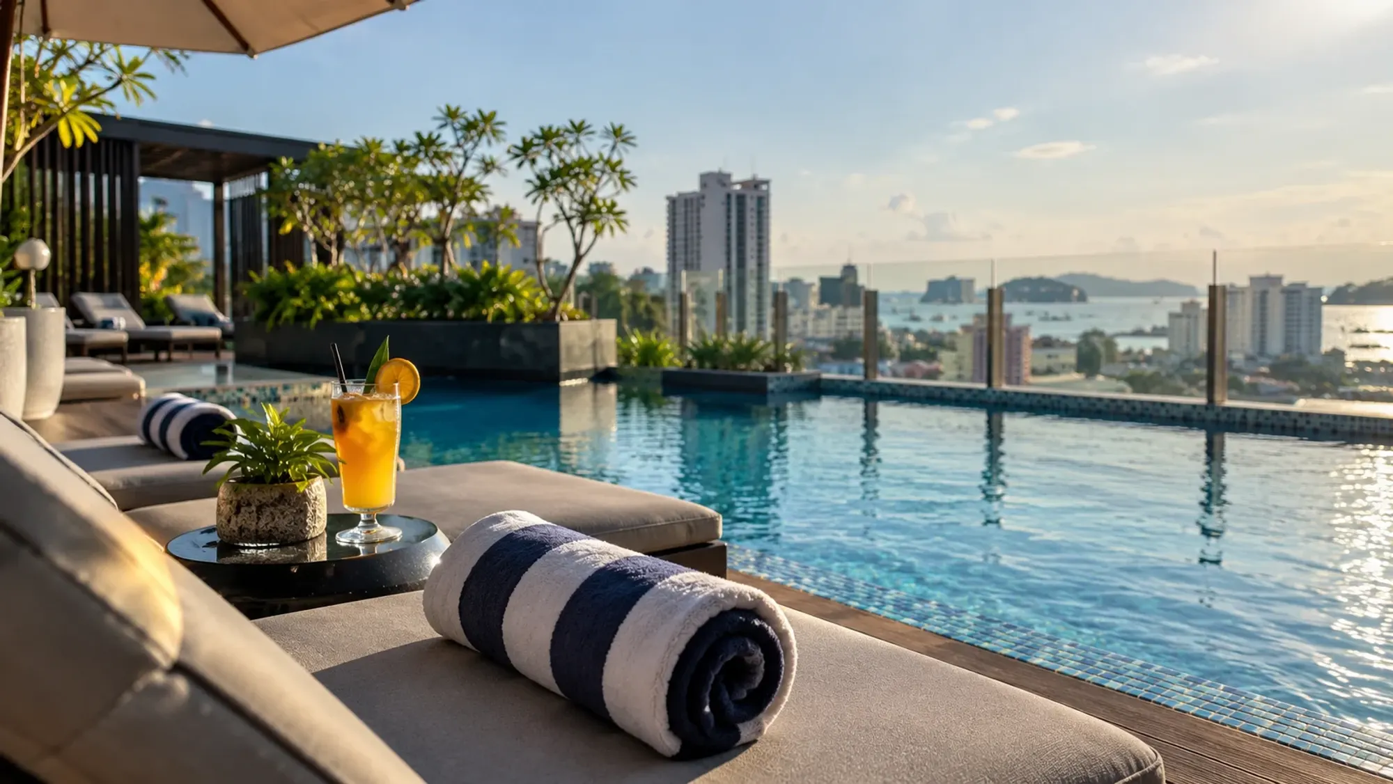 The swimming pool area in late afternoon of a 4-star city hotel — Grand Eska Hotel & Suites Batam, a 4-star city hotel in Nagoya, Batam