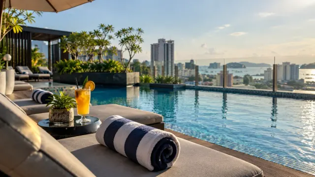 The swimming pool area in late afternoon of a 4-star city hotel — Grand Eska Hotel & Suites Batam, a 4-star city hotel in Nagoya, Batam