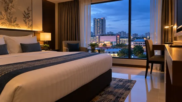 A neatly made guest room with a window view of a 3-star budget hotel — Hana Hotel, a 3-star budget hotel in Nagoya, Batam