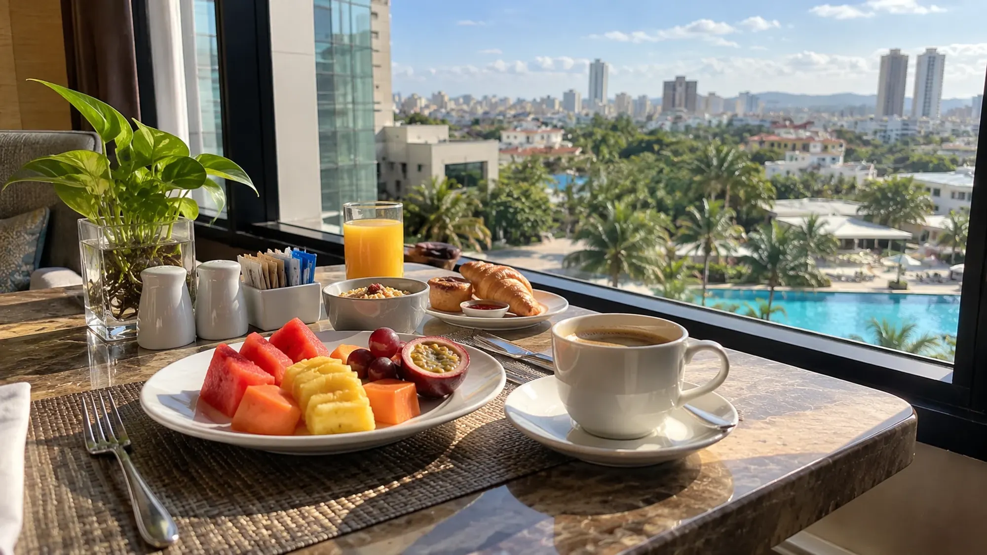 A breakfast table by a window with tropical fruit and coffee of a 4-star city hotel — I Hotel Baloi, a 4-star city hotel in Nagoya, Batam