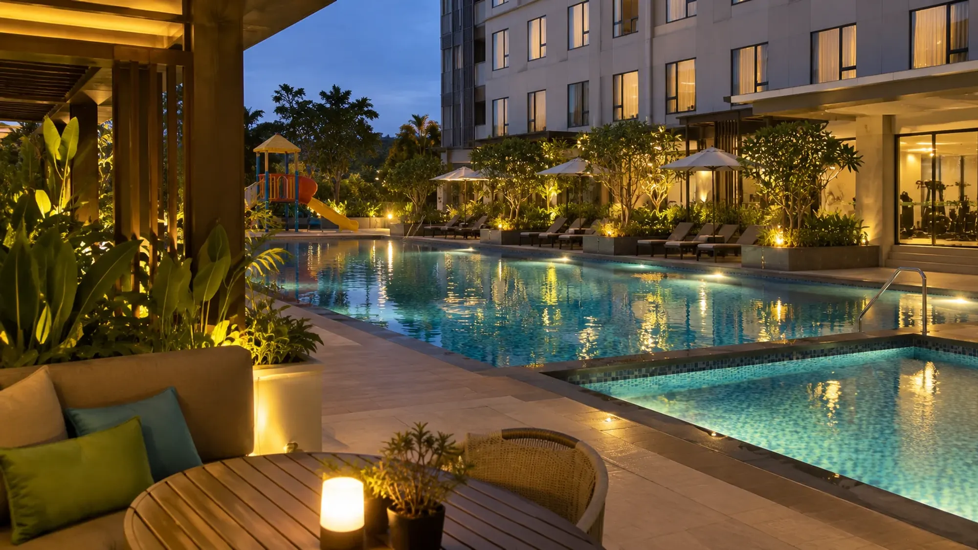 The swimming pool area in late afternoon of a 4-star city hotel — Ibis Styles Batam Nagoya, a 4-star city hotel in Bengkong, Batam