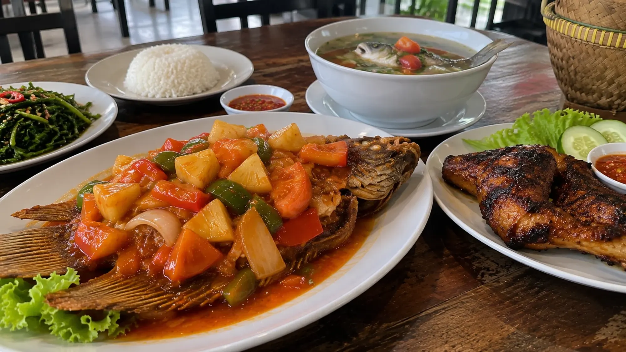 Gurame asam manis, plated on the table at an Indonesian restaurant — Ikan Bakar Cianjur, an Indonesian restaurant in Batam Centre, Batam
