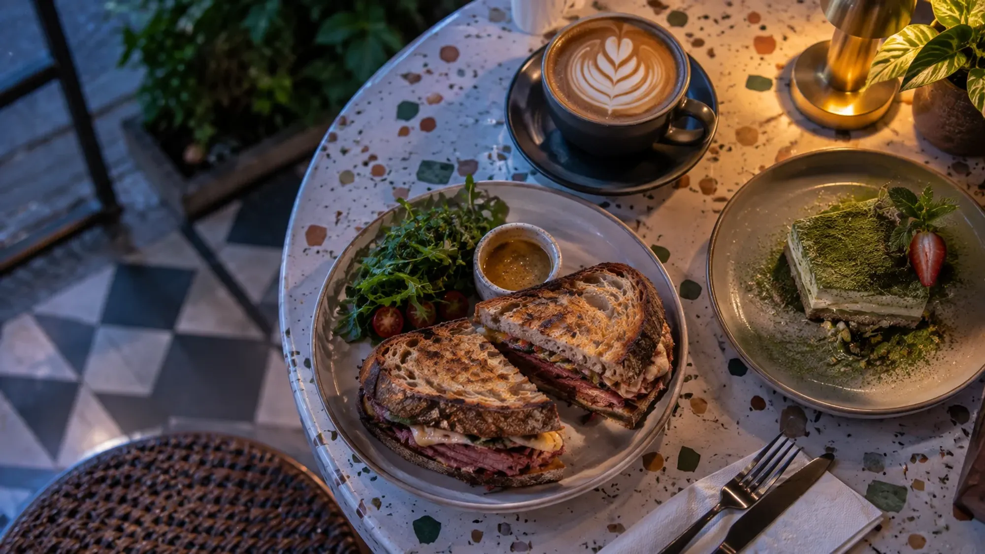 Pastrami sourdough sandwich and a matcha dessert — Jills Cafe, a café in Batam Centre, Batam