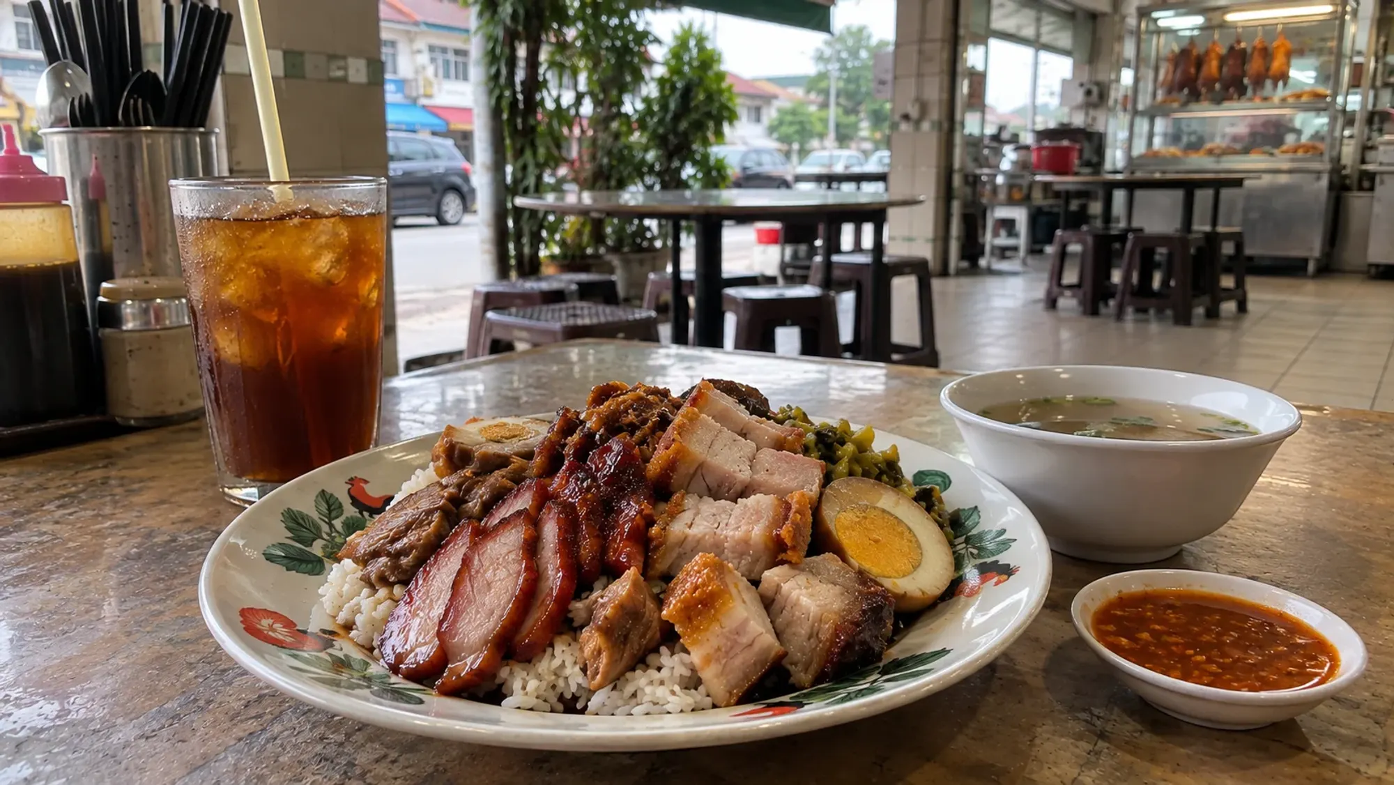 Nasi campur bak, plated on the table at a Kalimantan-style kopitiam — Kedai Kopi Aan, a Chinese restaurant in Batam Centre, Batam