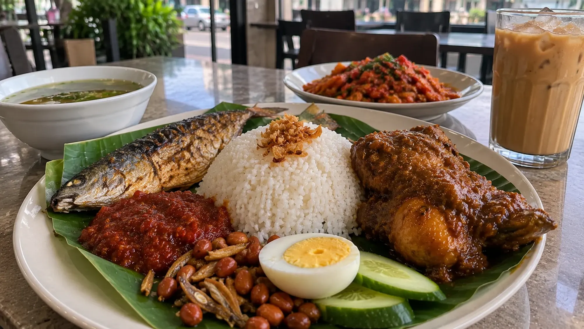 Nasi lemak with chicken rendang at a coffee-shop eatery — Kedai Kopi Medan, an Indonesian restaurant in Nagoya, Batam