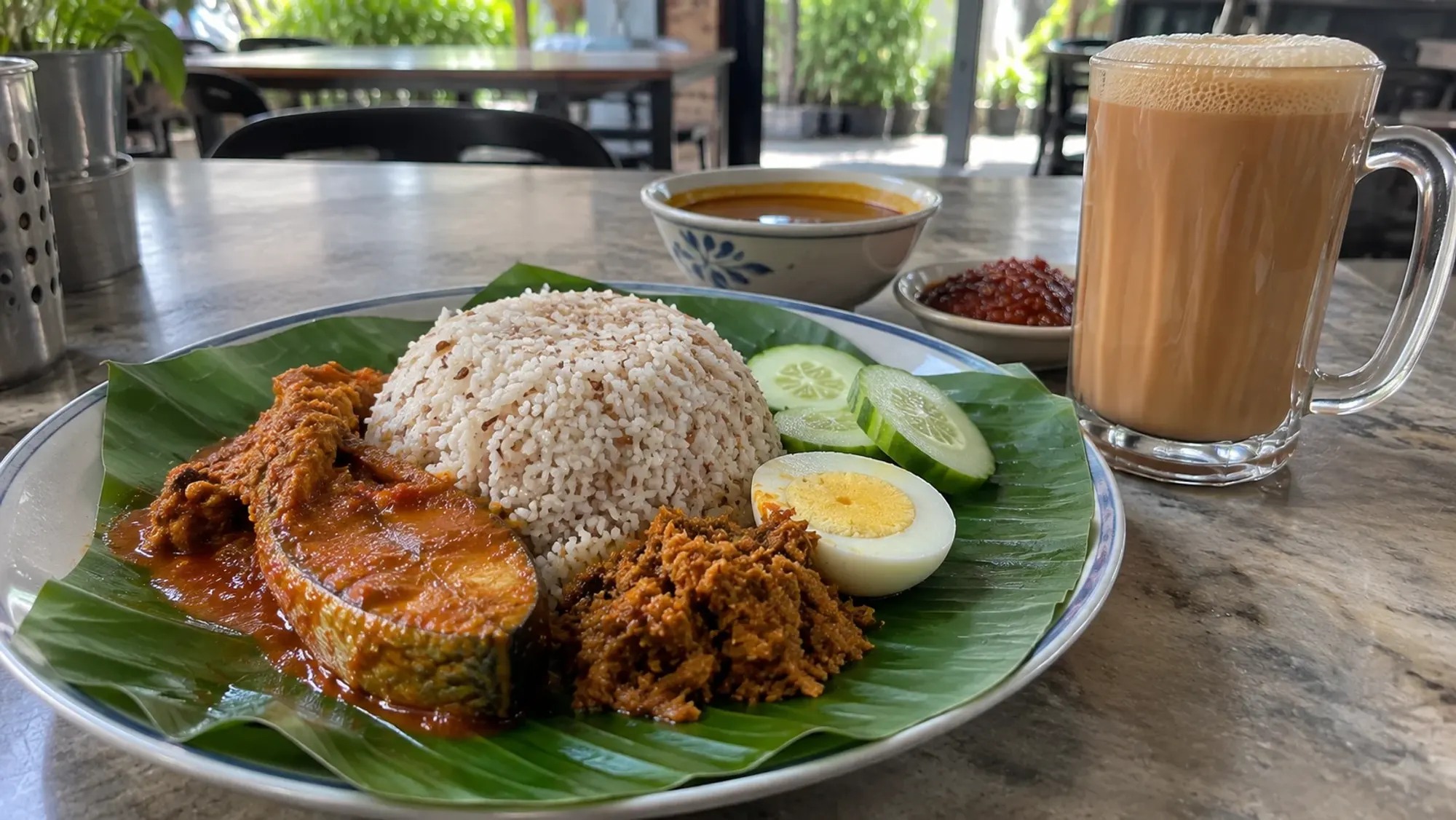 Nasi dagang with a glass of teh tarik — Kedai Teh Tarik Raja, a Malay restaurant in Batam Centre, Batam