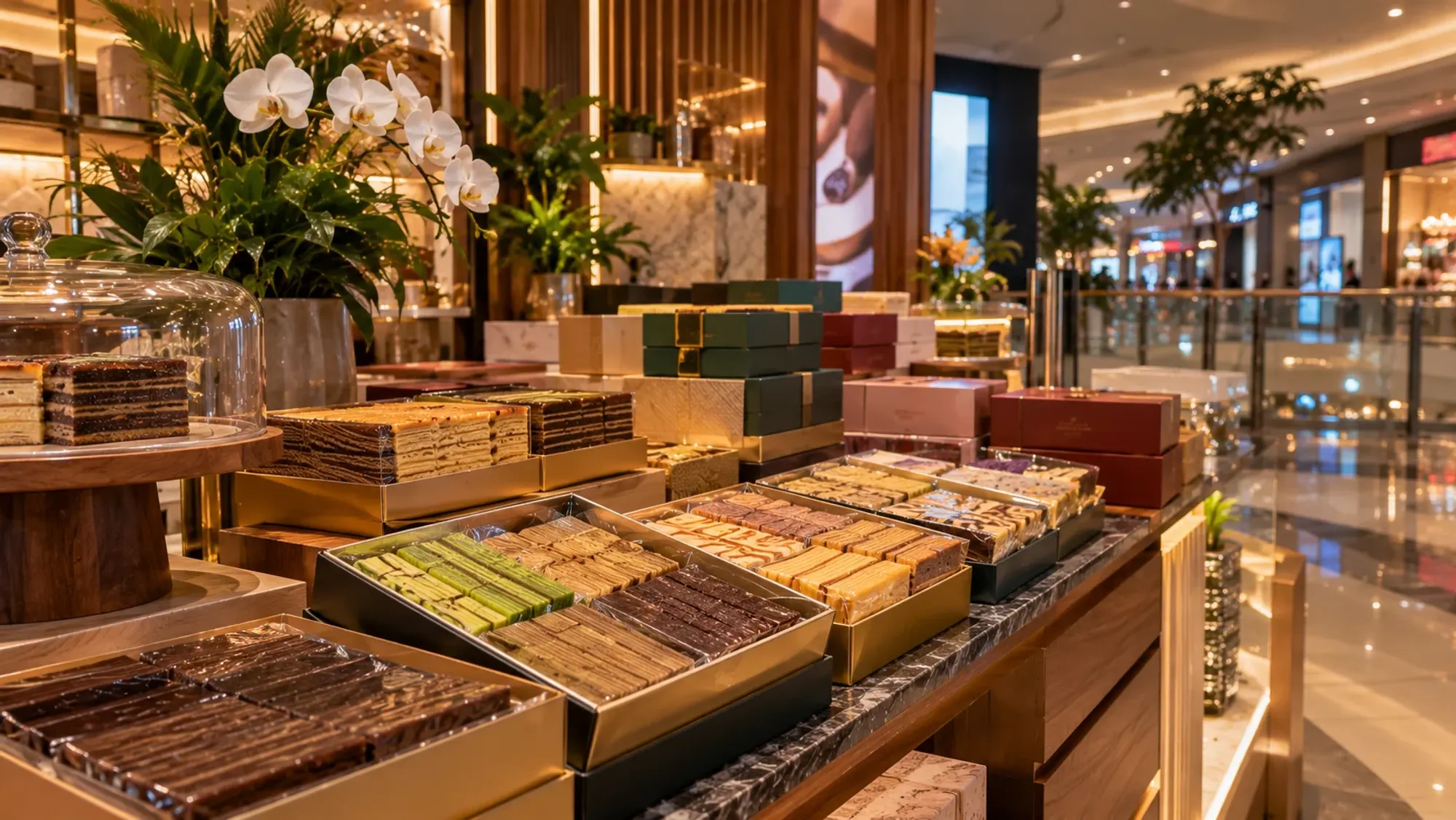 Boxed layer cakes on a mall shop counter — Lamoist BCS Mall, a bakery in Nagoya, Batam