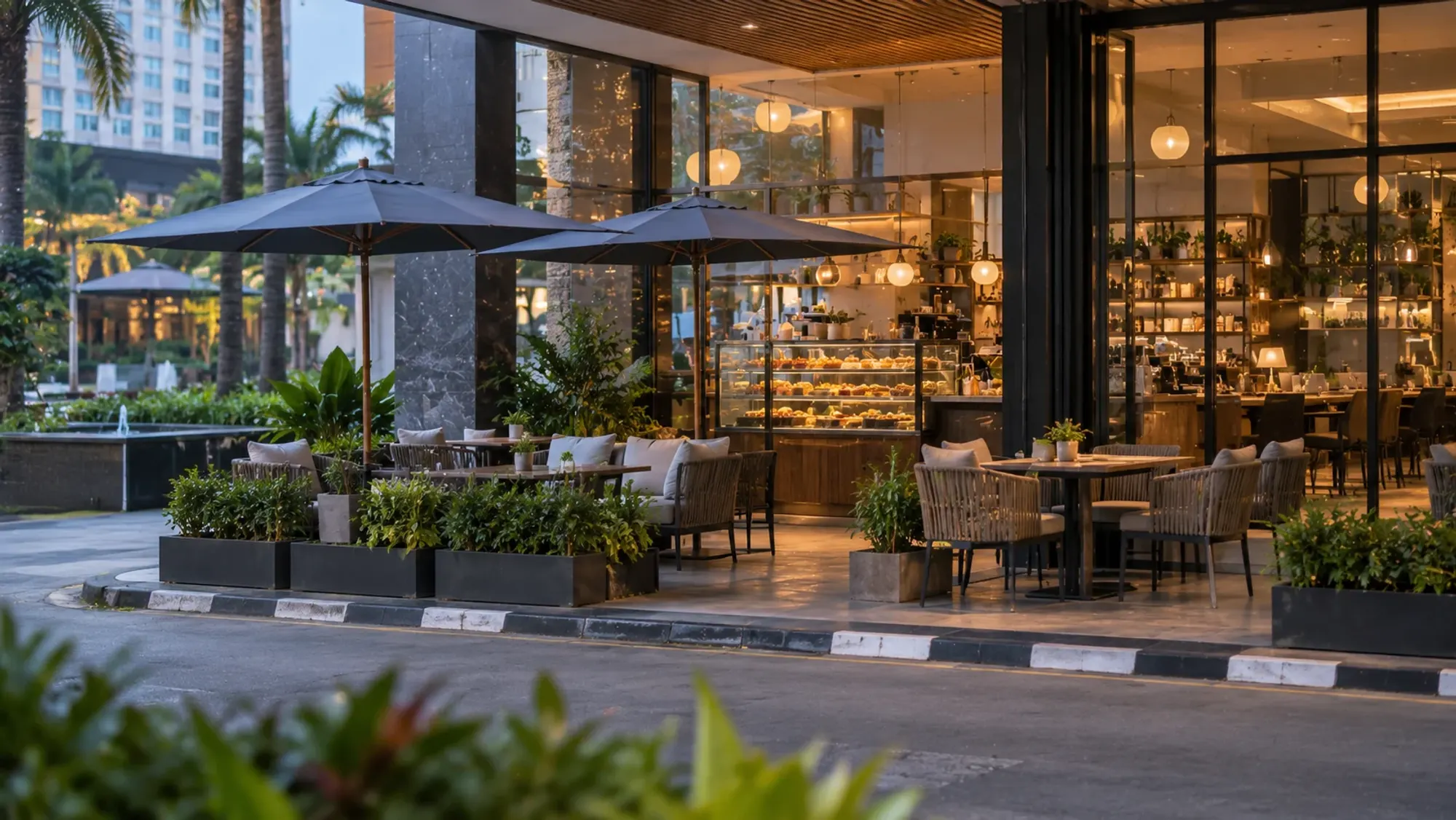 Cakes and coffee on comfortable outdoor café seating with soft lighting — Liminal Coffee + Bites, a café in Batam Centre, Batam