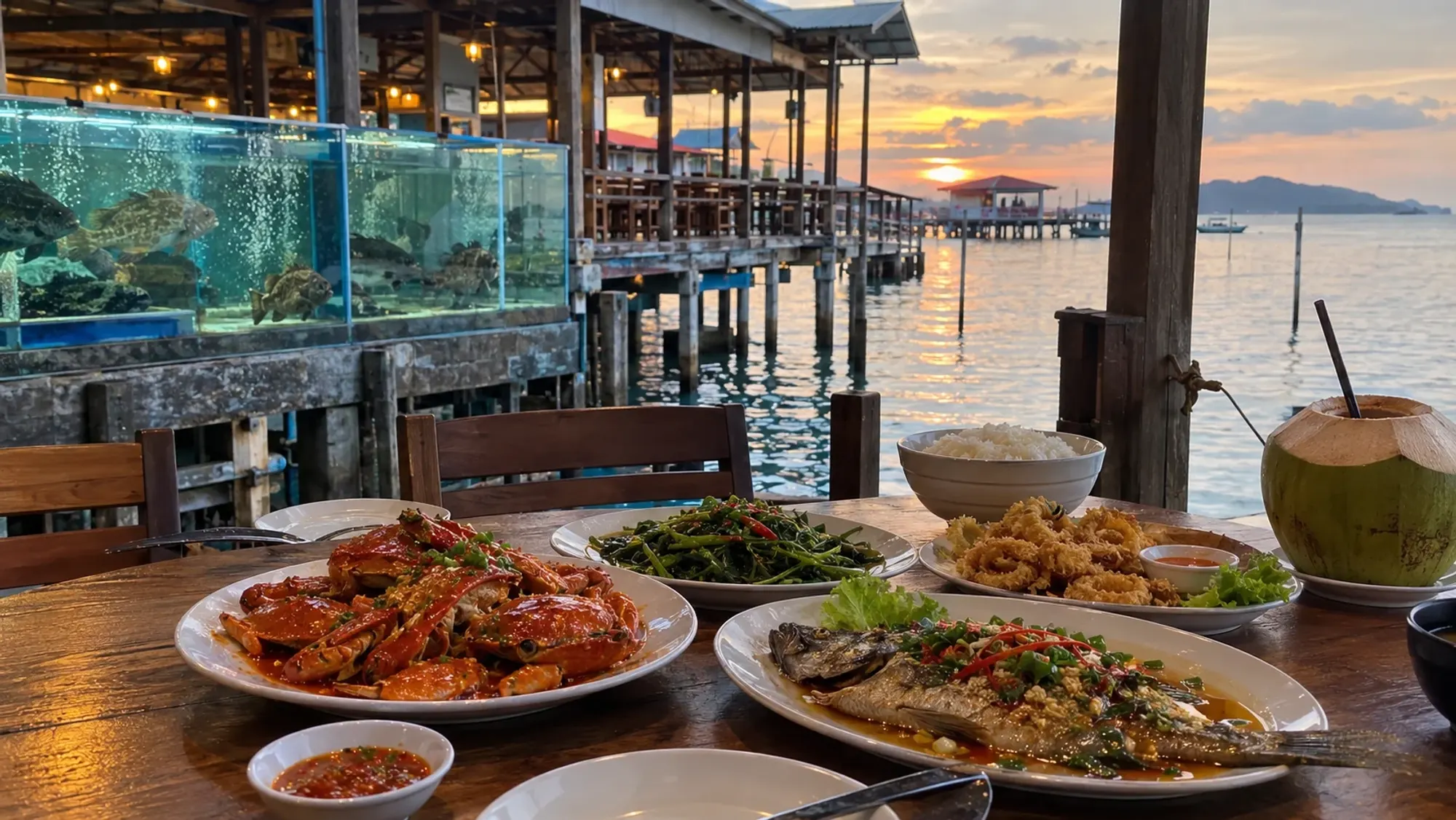 A table of seafood dishes at a seaside restaurant built over the water — Love Seafood Tanjung Piayu, a seafood restaurant in Nongsa, Batam