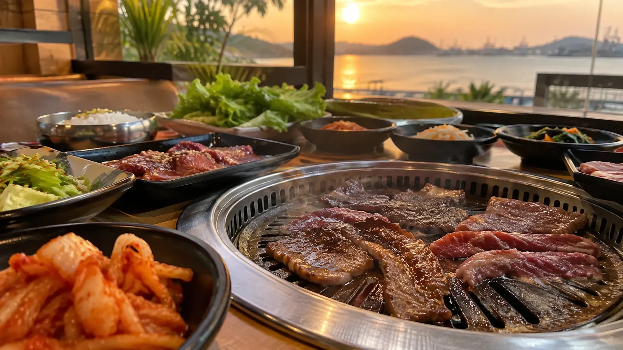 Korean BBQ beef on a tabletop grill with banchan — Manse Korean Grill Penuin, a Korean restaurant in Nagoya, Batam
