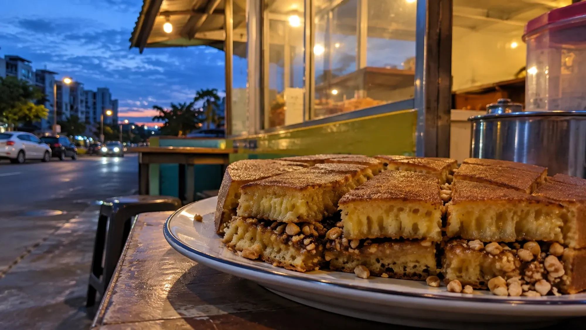 Martabak manis with peanuts, sliced on a plate — Martabak Bangka Ceria, a street food spot in Bengkong, Batam