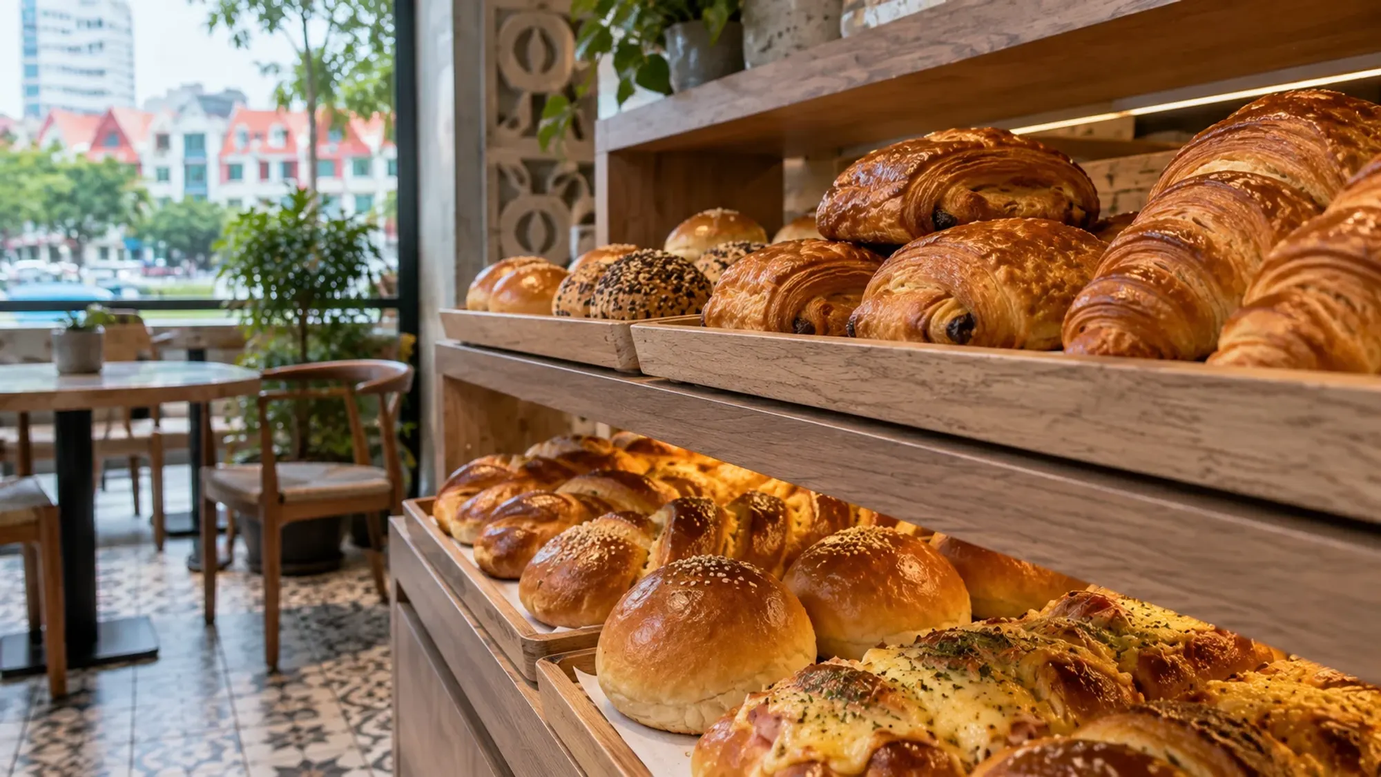Fresh breads on wooden bakery shelves — Maxims Bakery & Cafe, a bakery in Nagoya, Batam