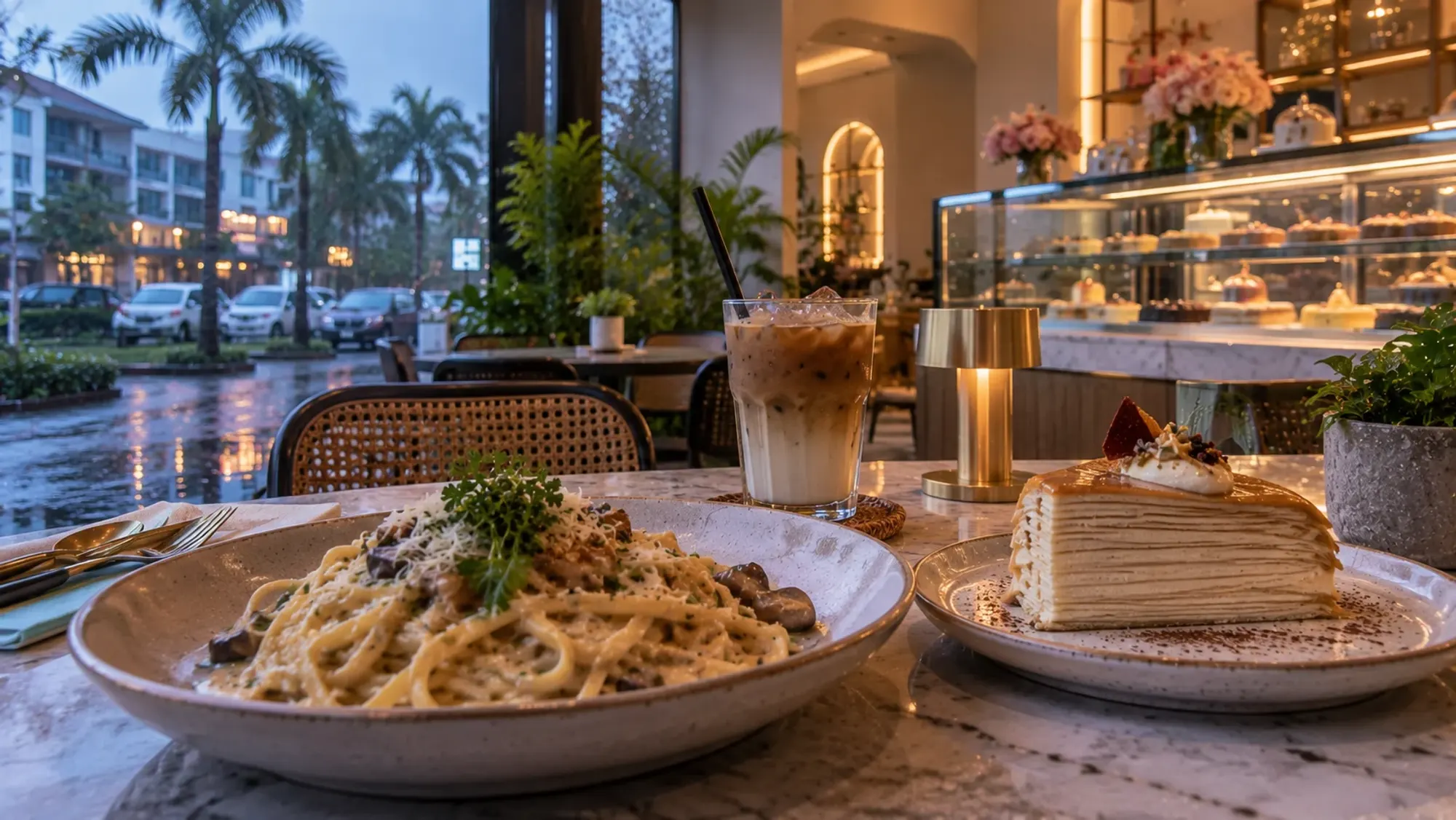 A slice of crepe cake and a pasta dish in a patisserie café — Meilleur Cafe & Patisserie, a café in Batam Centre, Batam