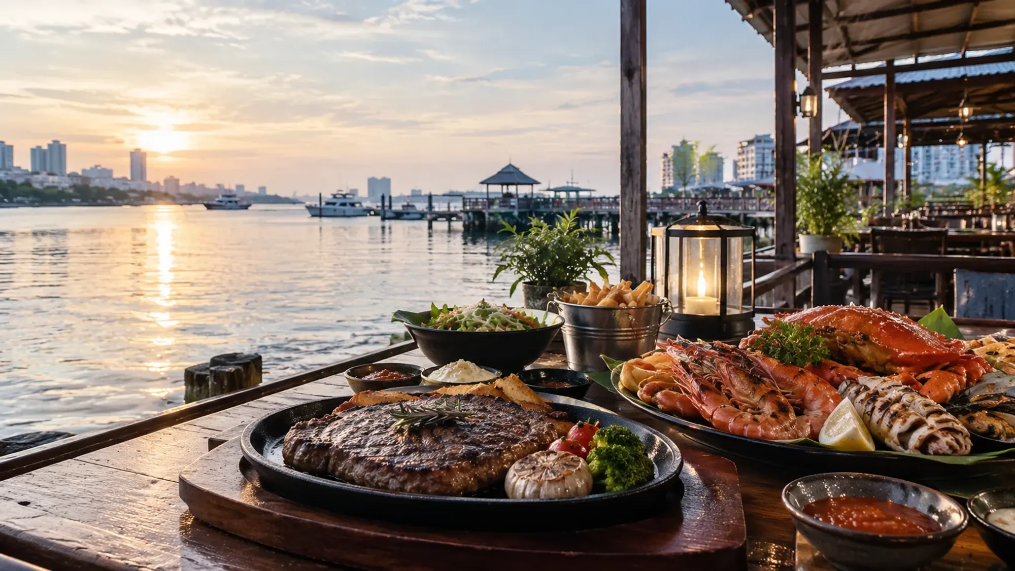 A grilled steak and seafood platter on a kelong deck over the water — Ministry of Meat, a Western restaurant in Harbour Bay, Batam