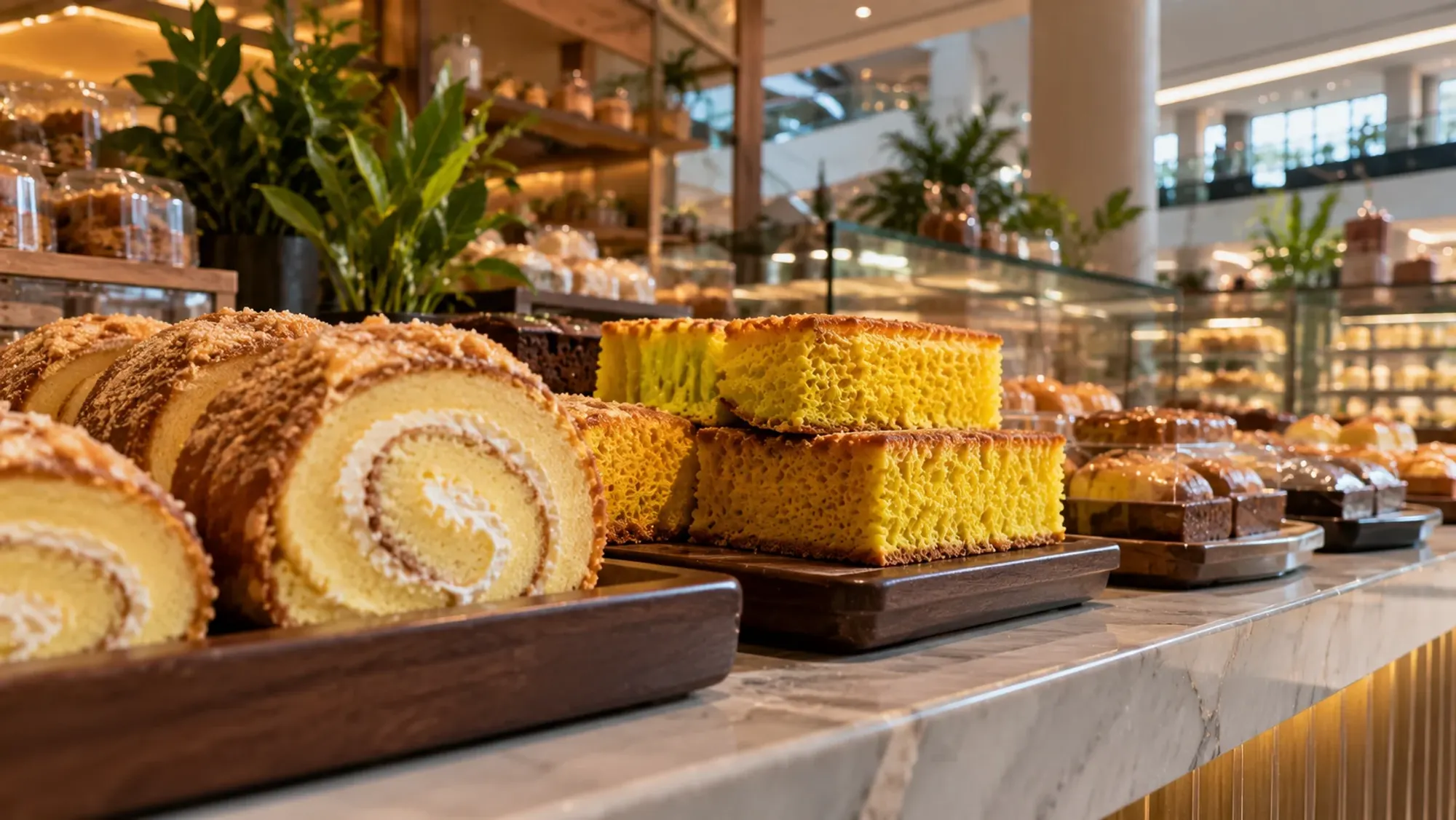 Swiss roll and Ambon cake on a bakery counter — Mr. Ong Bakery, a bakery in Batam Centre, Batam
