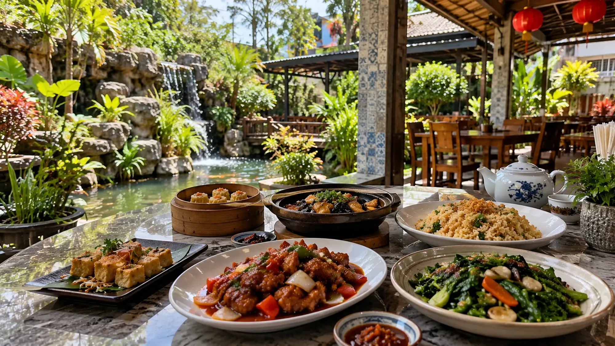 Chinese and fusion dishes on a table in a garden-styled restaurant — My Garden Restaurant, a Chinese restaurant in Batam Centre, Batam