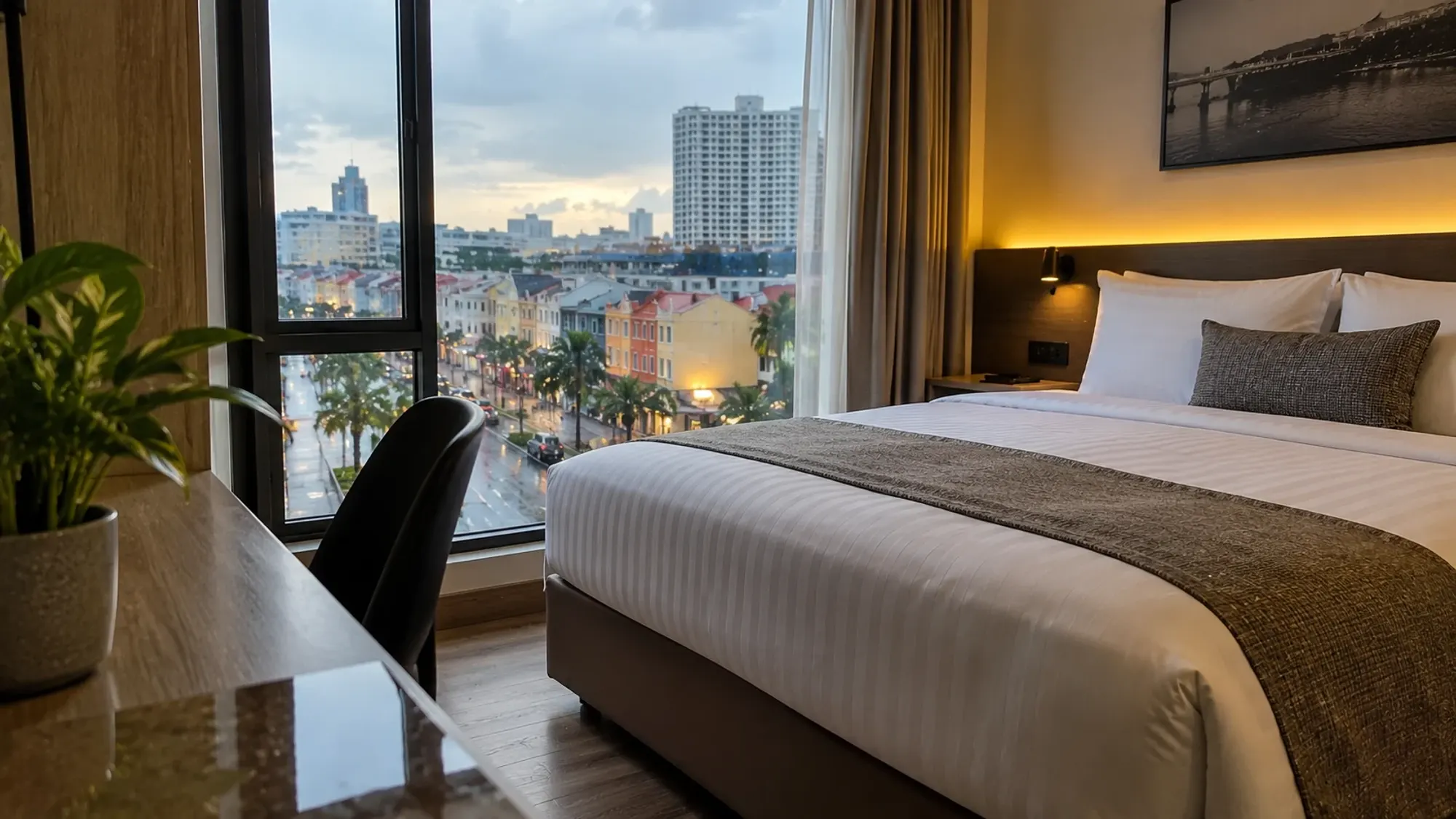 A neatly made guest room with a window view of a 2-star budget hotel — Nagoya One Hotel, a 2-star budget hotel in Nagoya, Batam