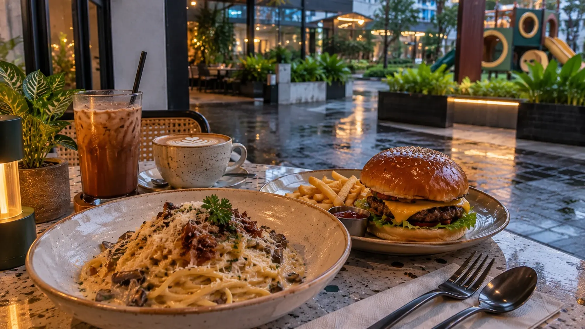 Pasta and a burger on a table in a family-friendly café — Olive & Co, a café in Batam Centre, Batam