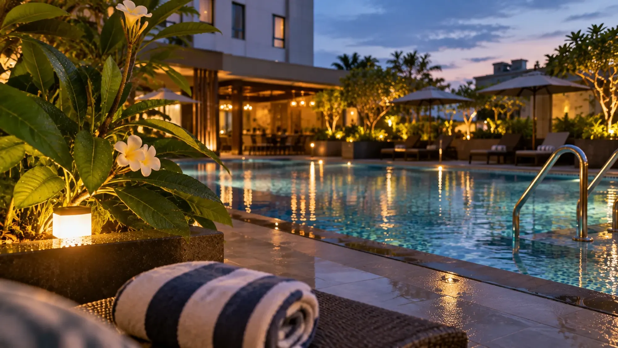 The swimming pool area in late afternoon of a 3-star city hotel — OS Style Hotel Batu Aji Batam Powered by Archipelago, a 3-star city hotel in Batam, Batam