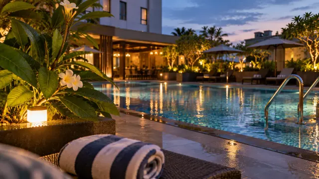 The swimming pool area in late afternoon of a 3-star city hotel — OS Style Hotel Batu Aji Batam Powered by Archipelago, a 3-star city hotel in Batam, Batam