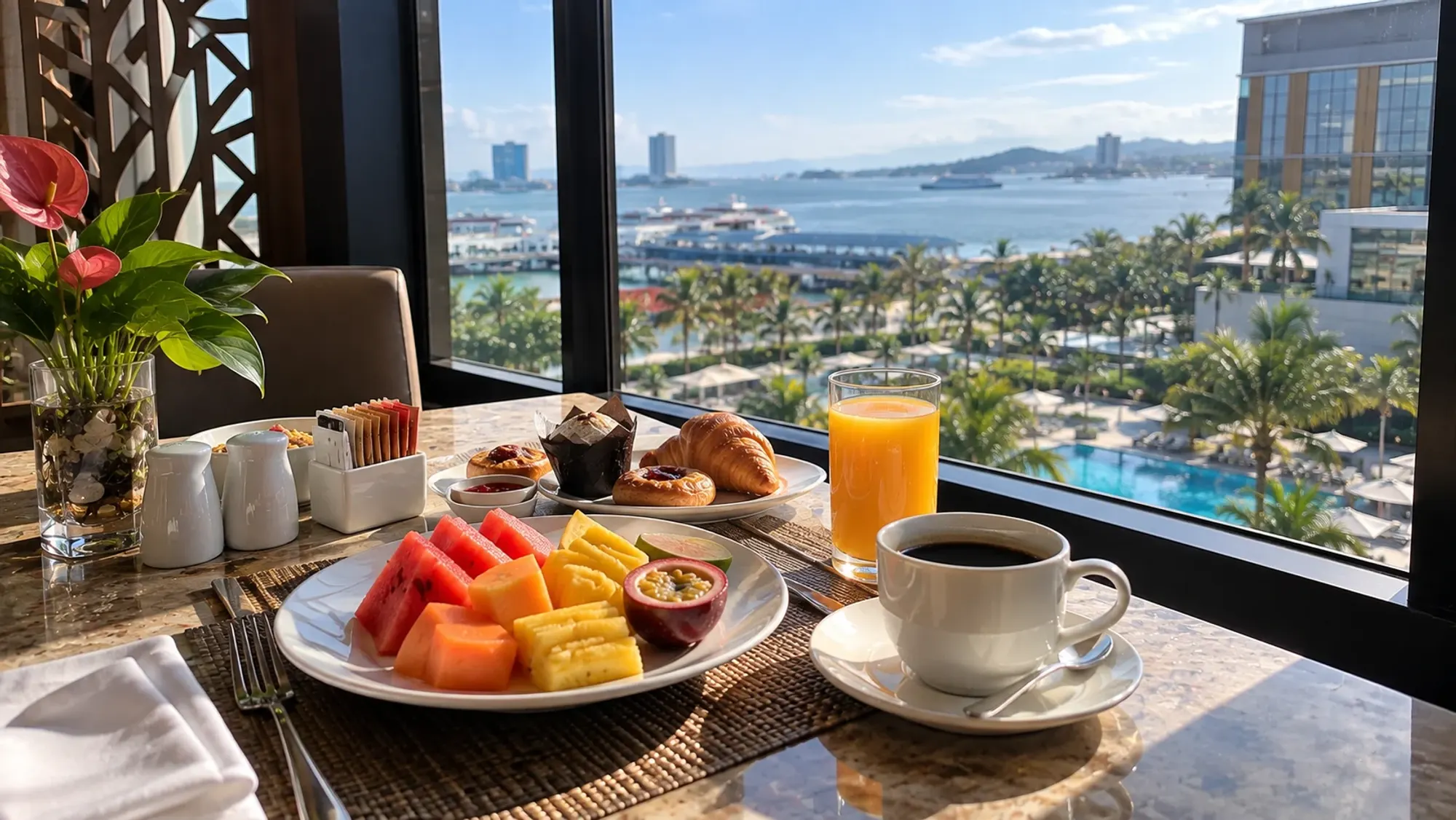 A breakfast table by a window with tropical fruit and coffee of a 4-star city hotel — Pacific Hotel, a 4-star city hotel in Nagoya, Batam