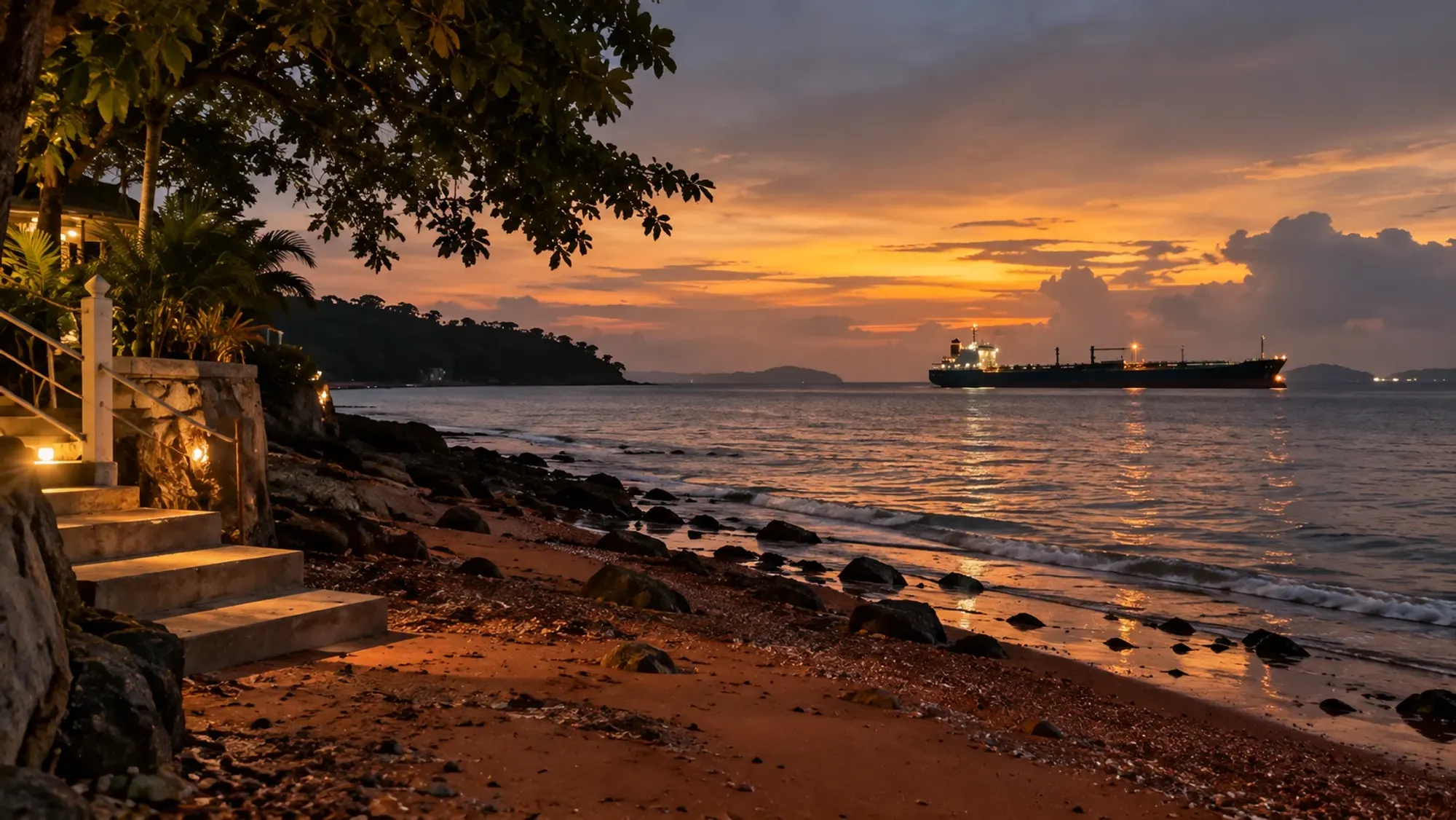 A quiet beach with reddish-brown sand and pebbles, a large ship passing offshore — Pantai Dangas, a beach in Sekupang, Batam