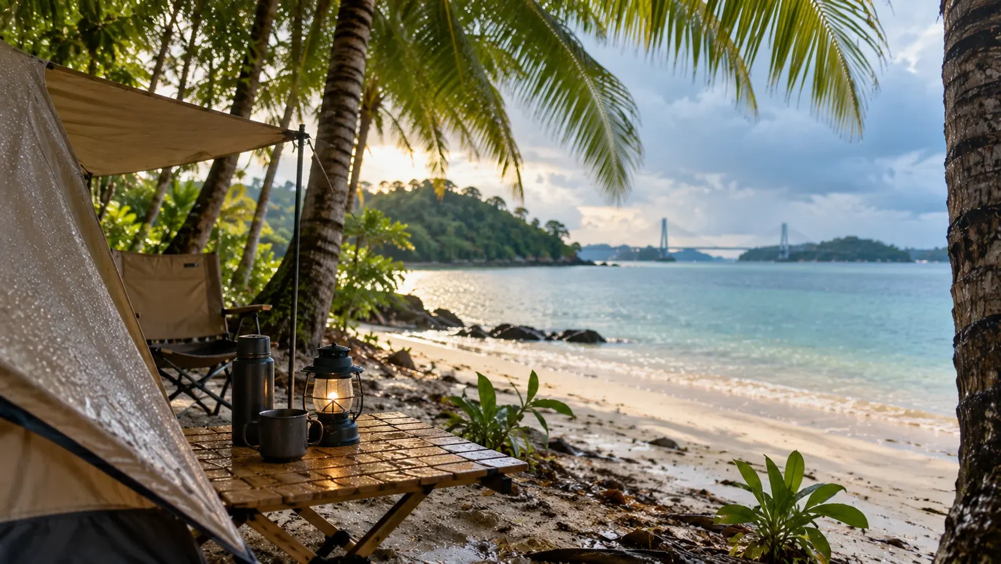 A white-sand beach shaded by coconut palms with a camping spot — Pantai Mubut Darat, a beach in Barelang, Batam
