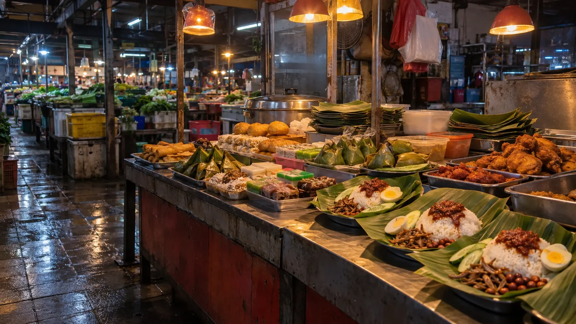 Nasi lemak and Malay snacks at a wet-market food stall — Pasar Jodoh Food Stalls, a street food spot in Harbour Bay, Batam