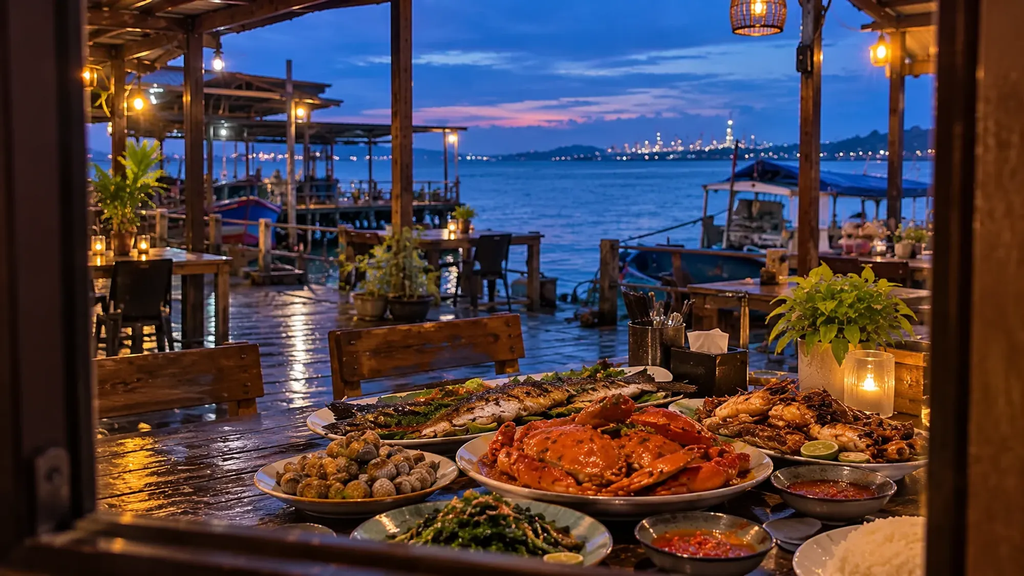 A seafood feast on a deep-water kelong with moored boats alongside — Piayu Live Seafood, a seafood restaurant in Nongsa, Batam