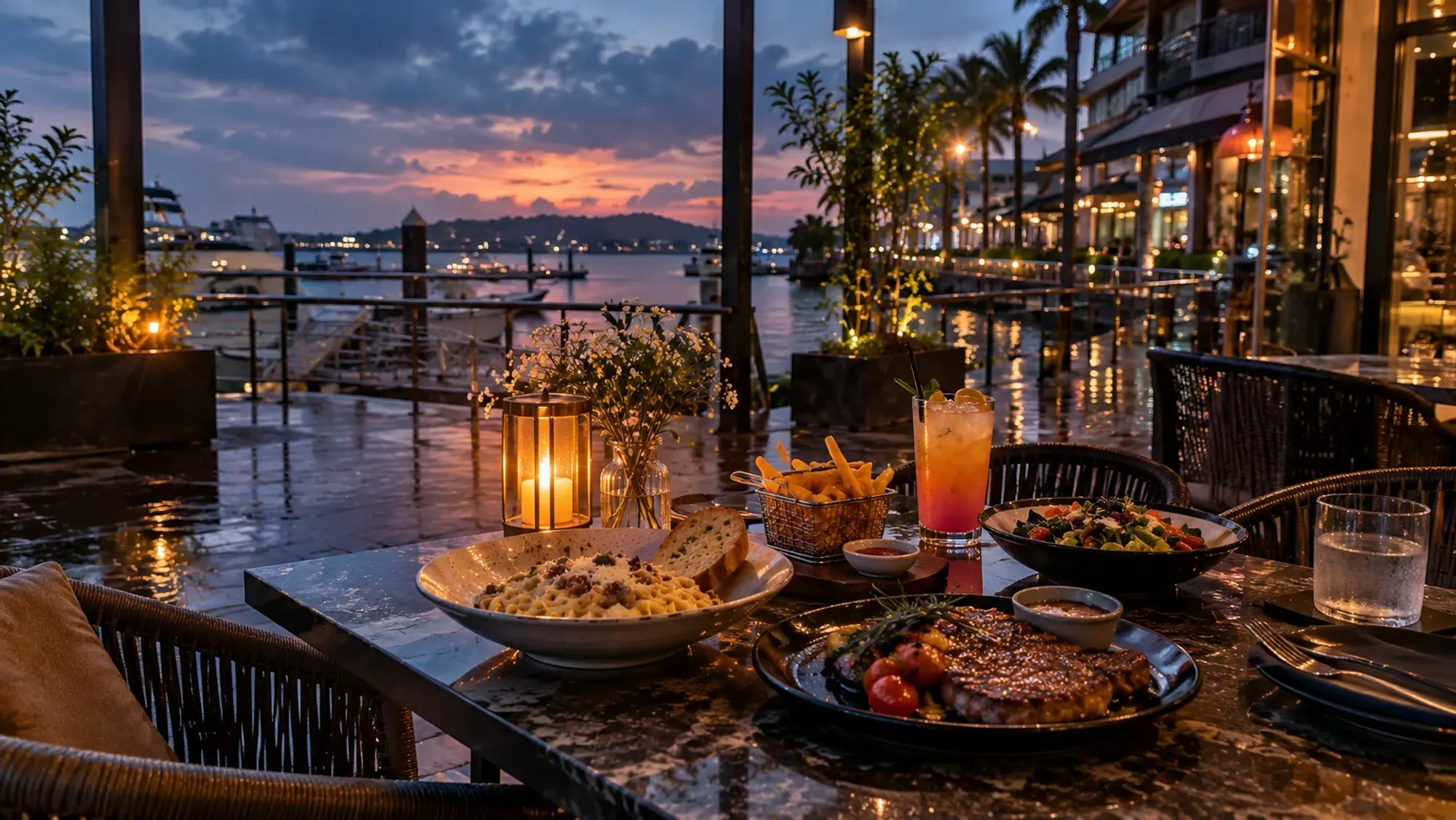 A harbour-side restaurant-bar table with Western dishes at dusk — Port House Resto & Bar, a Western restaurant in Harbour Bay, Batam