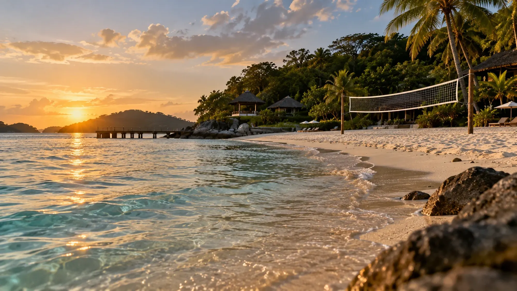 A resort-style island with a volleyball net on the beach and clear water — Ranoh Island (Pulau Ranoh), an island in Barelang, Batam