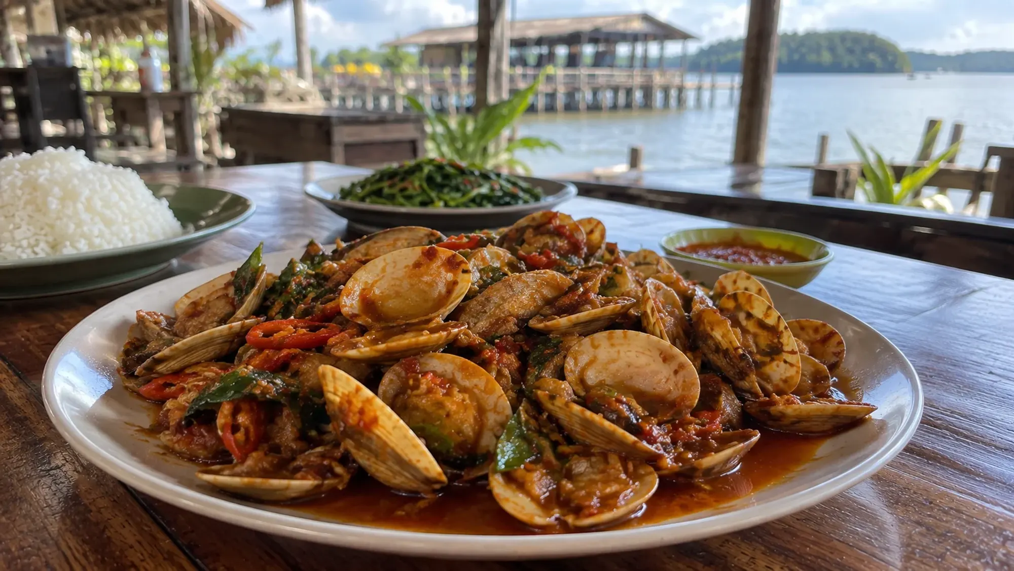 Tapis (clams with chilli sauce), plated on the table at a kampung-style restaurant — Restoran Jawa-Melayu, a Malay restaurant in Nongsa, Batam