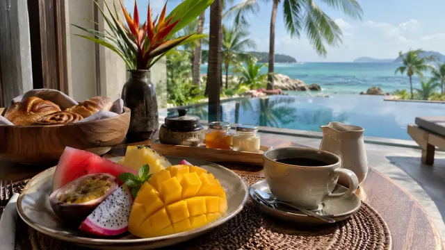 A breakfast table by a window with tropical fruit and coffee of a 5-star resort — Riahi Villas by Swiss-Belhotel, Nirup Island, a 5-star resort in Sekupang, Batam