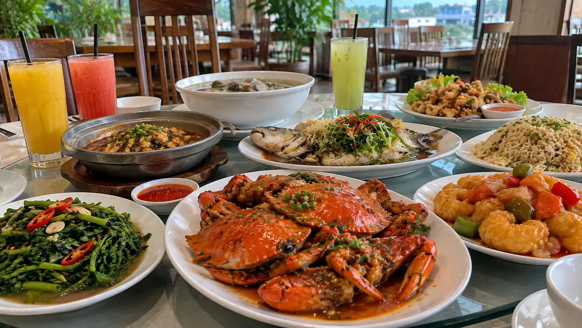 A seafood and Chinese dishes spread with fresh juices — Seafood Glory, a seafood restaurant in Batam Centre, Batam