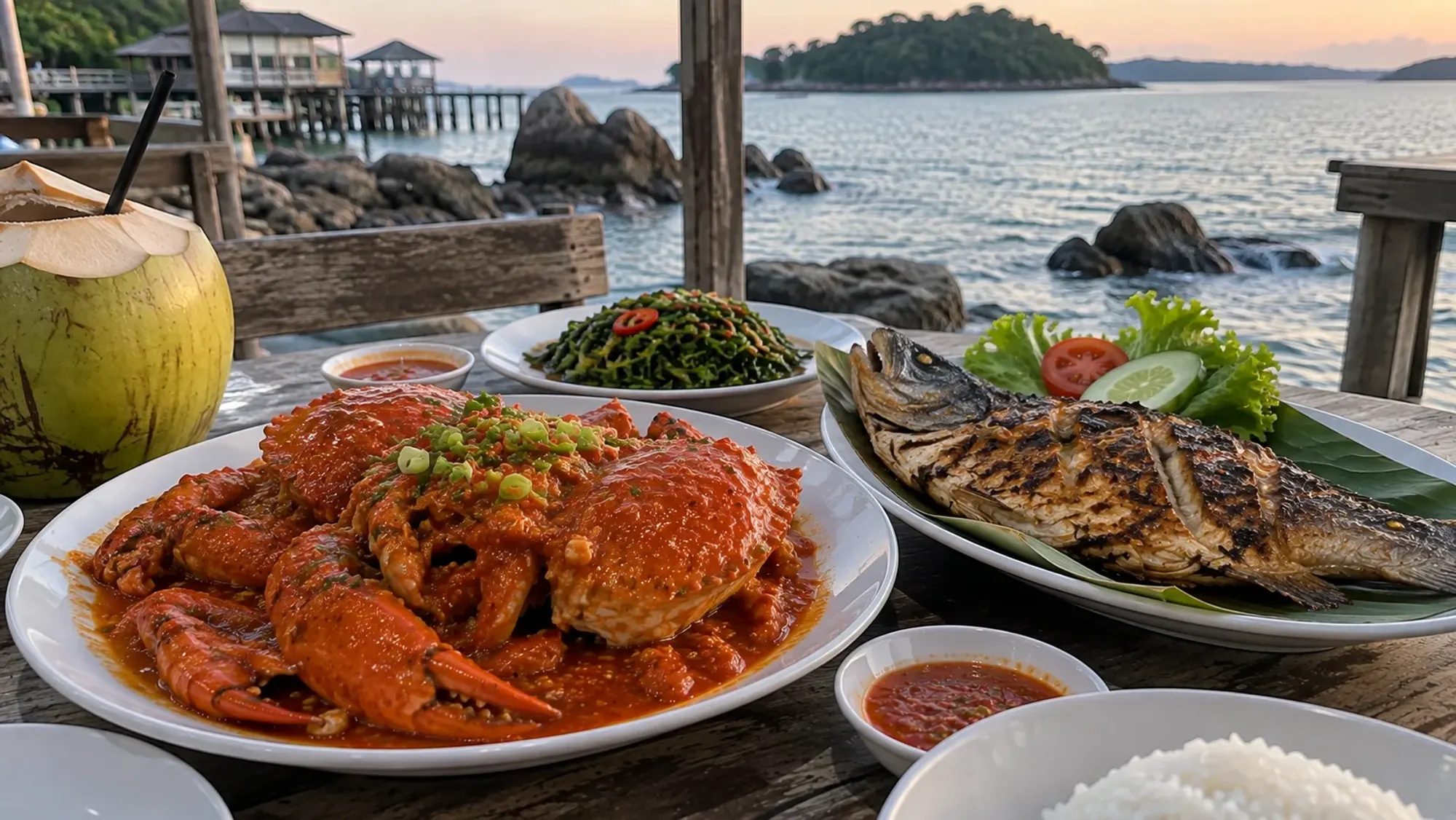 A rustic seaside seafood table with chilli crab and grilled fish — Seafood Kampung Tua, a seafood restaurant in Nongsa, Batam