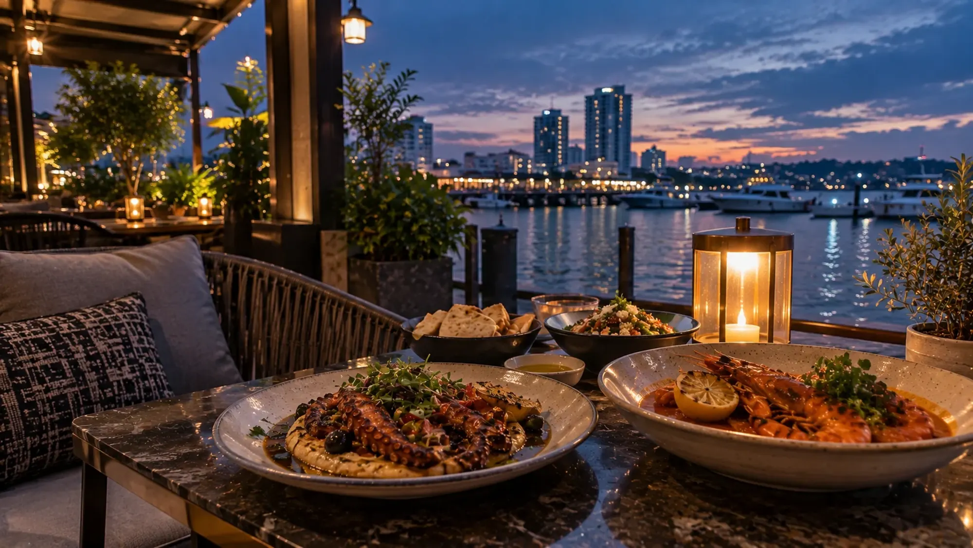 Grilled octopus and harissa prawns at a Mediterranean restaurant — Seesea by NOMAD, a Western restaurant in Harbour Bay, Batam