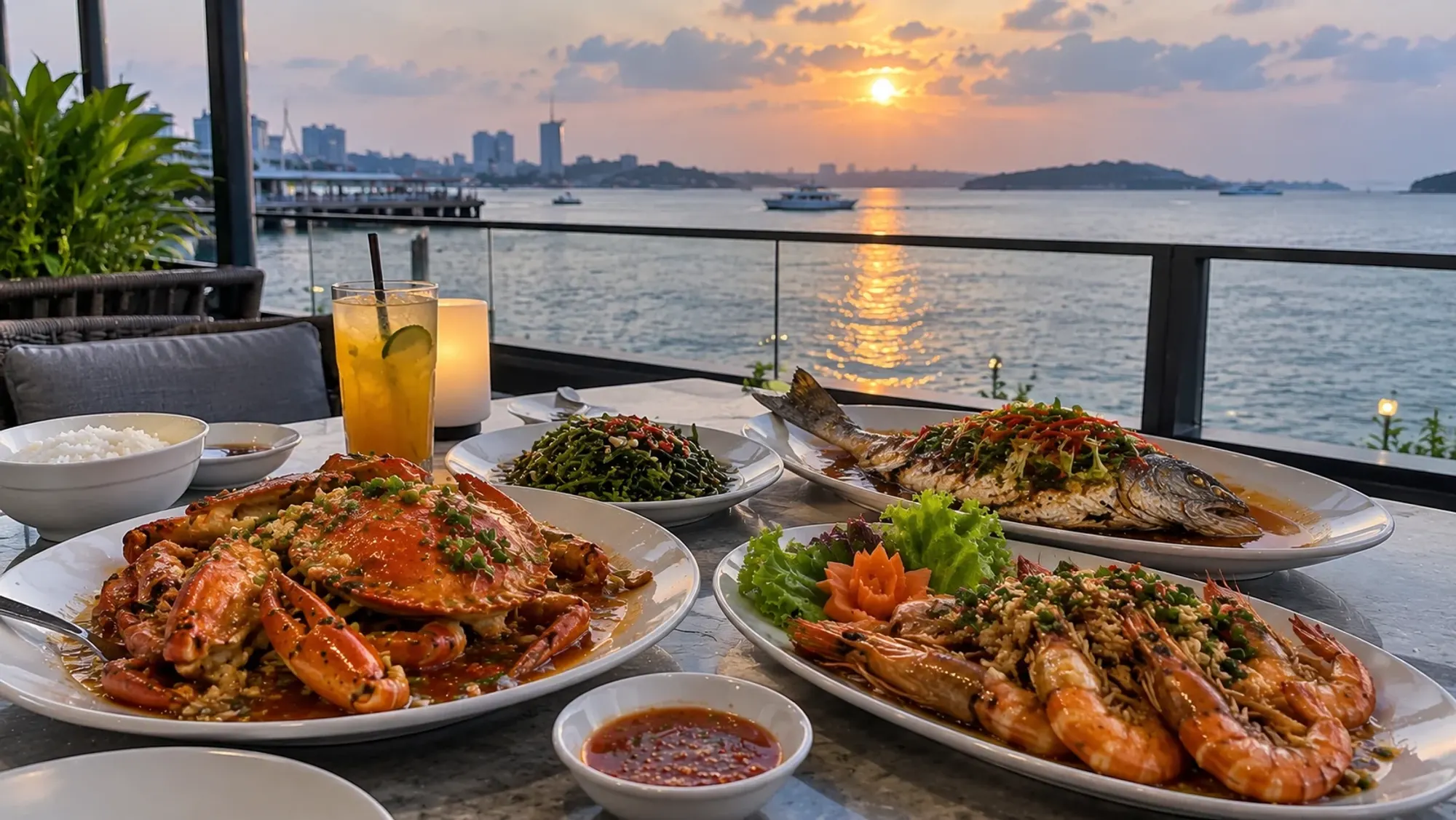 A table of seafood dishes with a view over the strait from a waterfront promenade restaurant — SeeSea Seafood, a seafood restaurant in Harbour Bay, Batam
