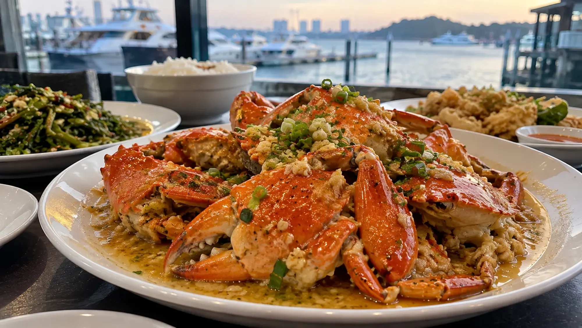 Steamed crab with garlic butter at a seafood restaurant — Sei Enam Seafood Harbour Bay, a seafood restaurant in Harbour Bay, Batam