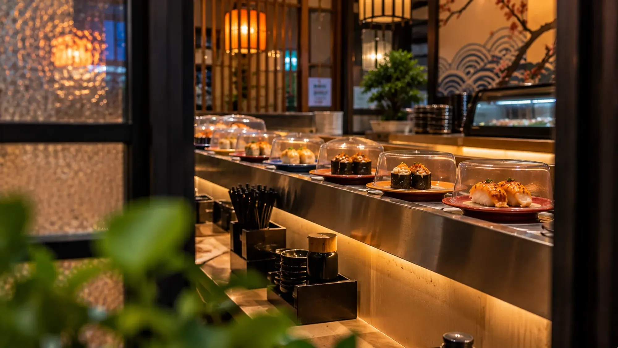 Mentai-topped sushi plates at a conveyor-belt sushi counter — Sushi Mentai Batam, a Japanese restaurant in Harbour Bay, Batam