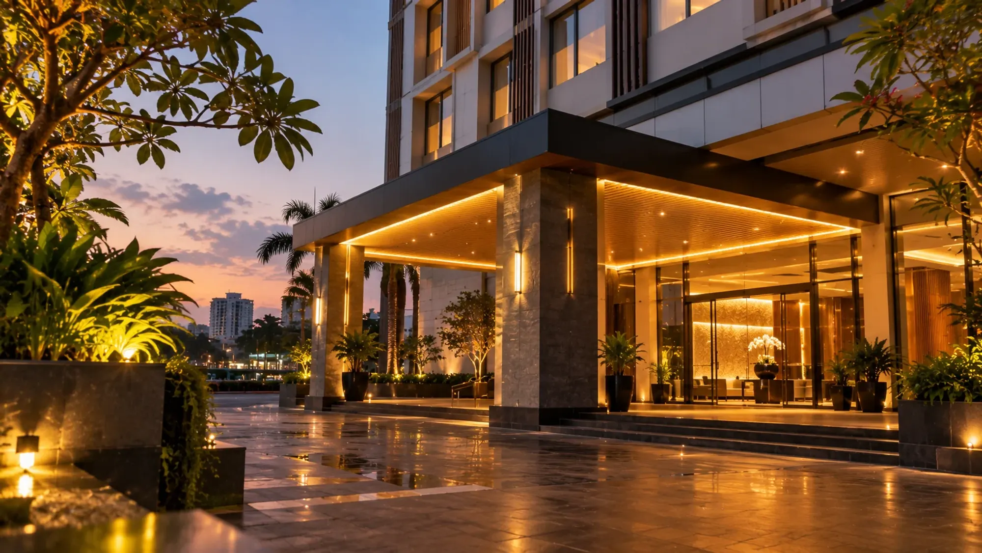 The building exterior and entrance at golden hour of a 3-star city hotel — Swiss-Belinn Baloi Batam, a 3-star city hotel in Nagoya, Batam