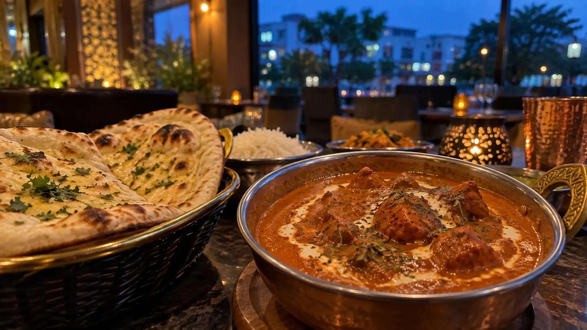Butter chicken with naan at an Indian restaurant — Taj Indian Cuisine, an Indian restaurant in Nagoya, Batam
