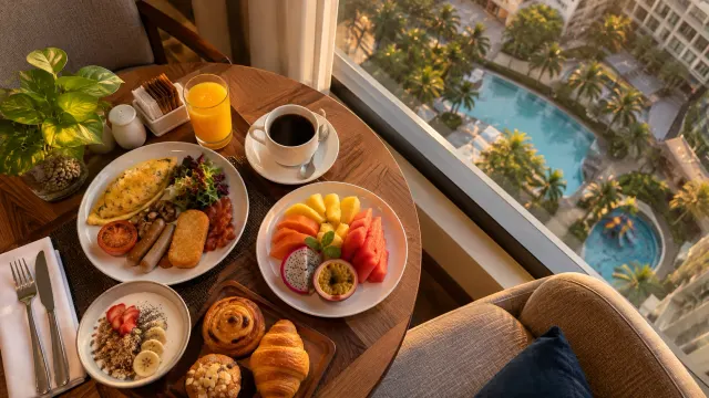 A breakfast table by a window with tropical fruit and coffee of a 4-star city hotel — The BCC Hotel & Residence, a 4-star city hotel in Nagoya, Batam