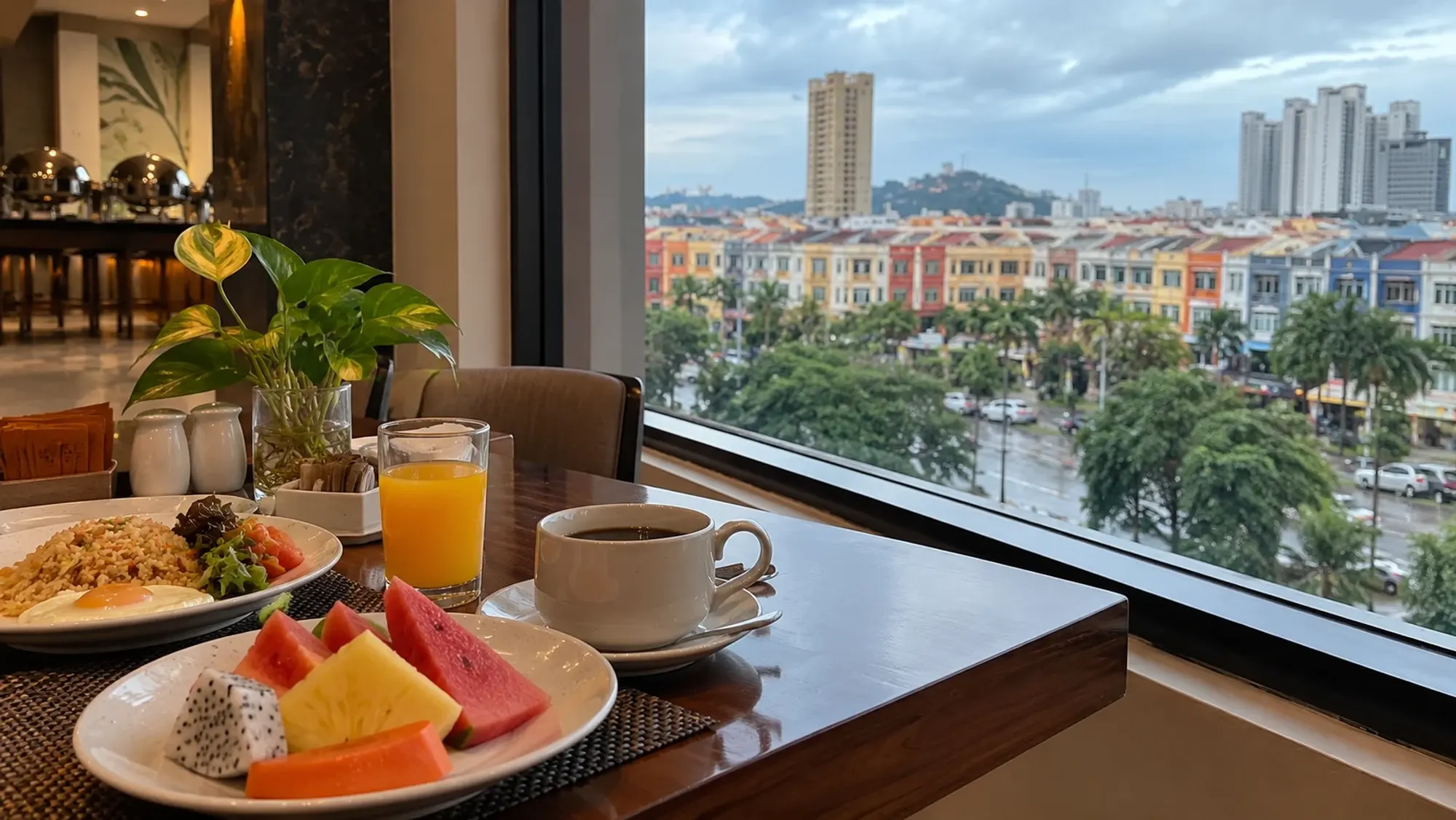 A breakfast table by a window with tropical fruit and coffee of a 2-star budget hotel — Triniti Hotel, a 2-star budget hotel in Nagoya, Batam