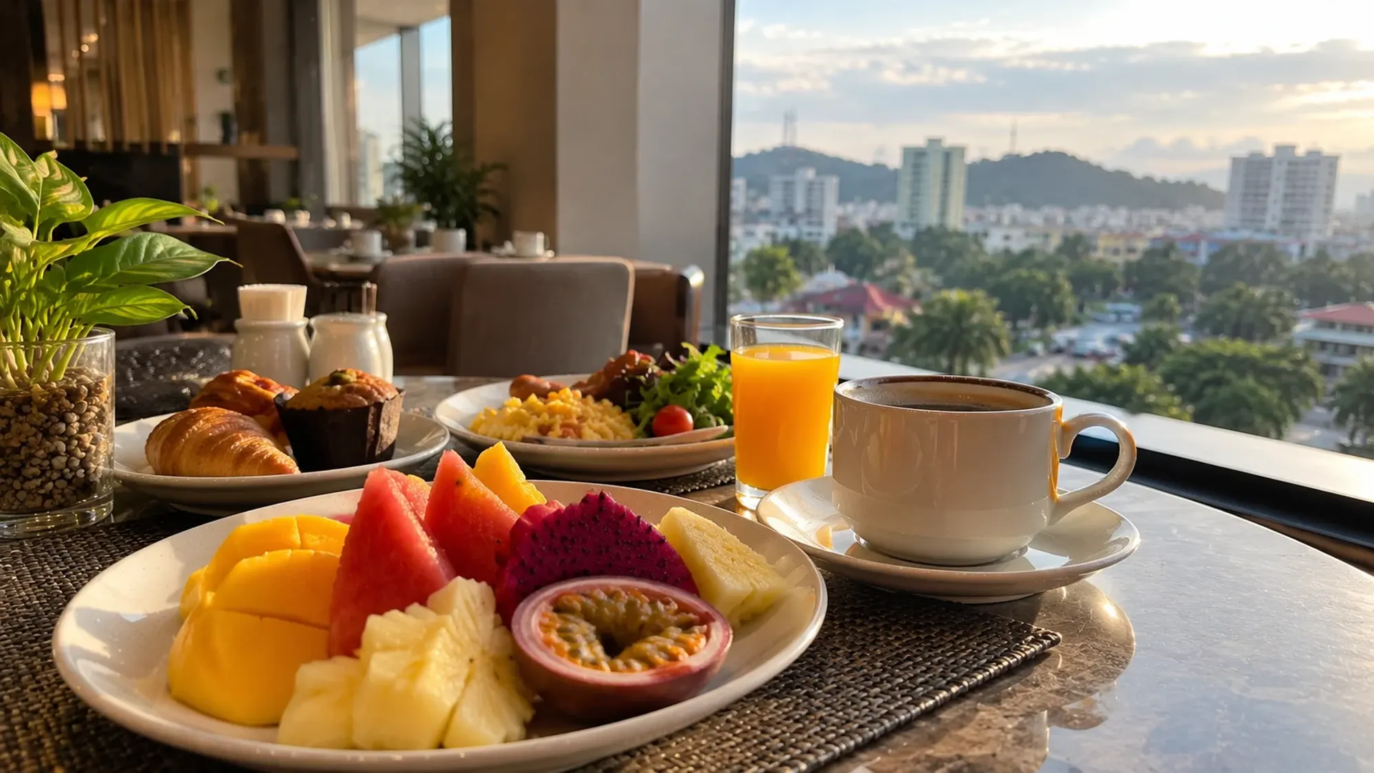 A breakfast table by a window with tropical fruit and coffee of a 3-star city hotel — Vanilla Hotel, a 3-star city hotel in Nagoya, Batam