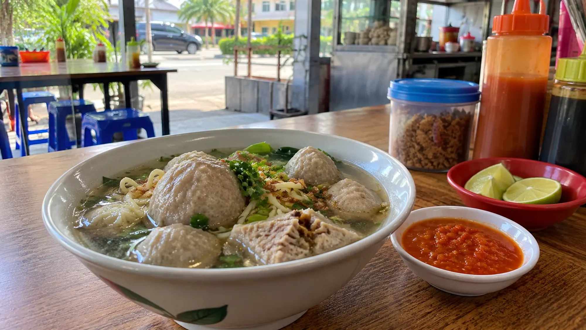 A bowl of bakso meatball soup at a warung — Warung Baso Priangan, an Indonesian restaurant in Harbour Bay, Batam