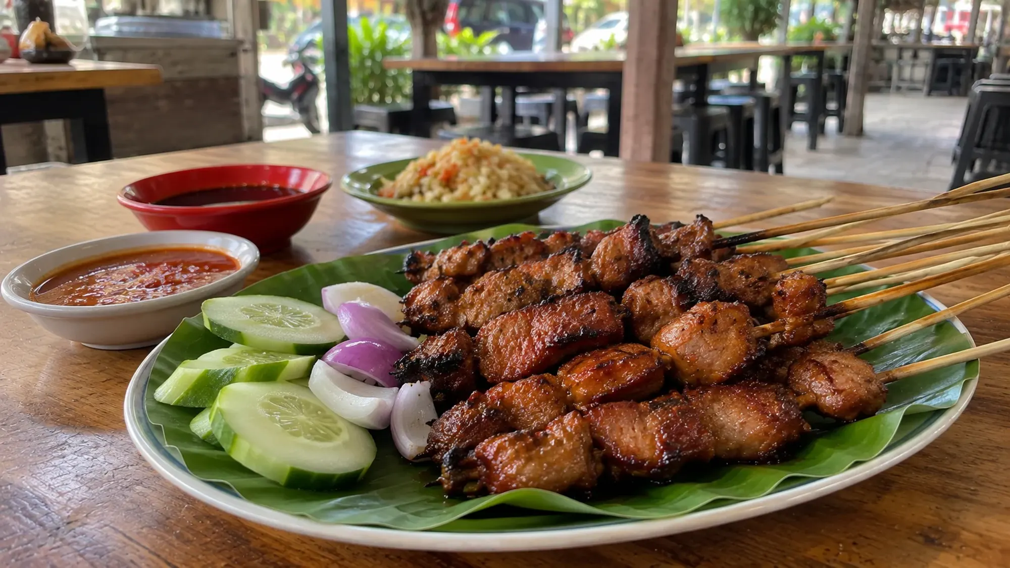 Pork satay skewers, plated on the table at a warung — Warung Guling Pak Made, an Indonesian restaurant in Nagoya, Batam