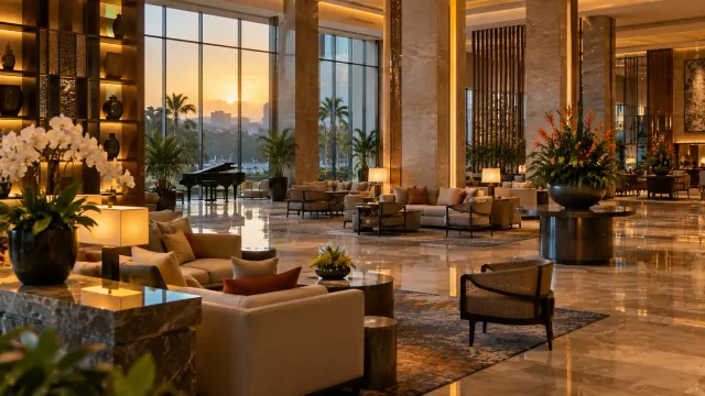 The lobby lounge interior of a 5-star city hotel — Wyndham Panbil Batam, a 5-star city hotel in Batam, Batam