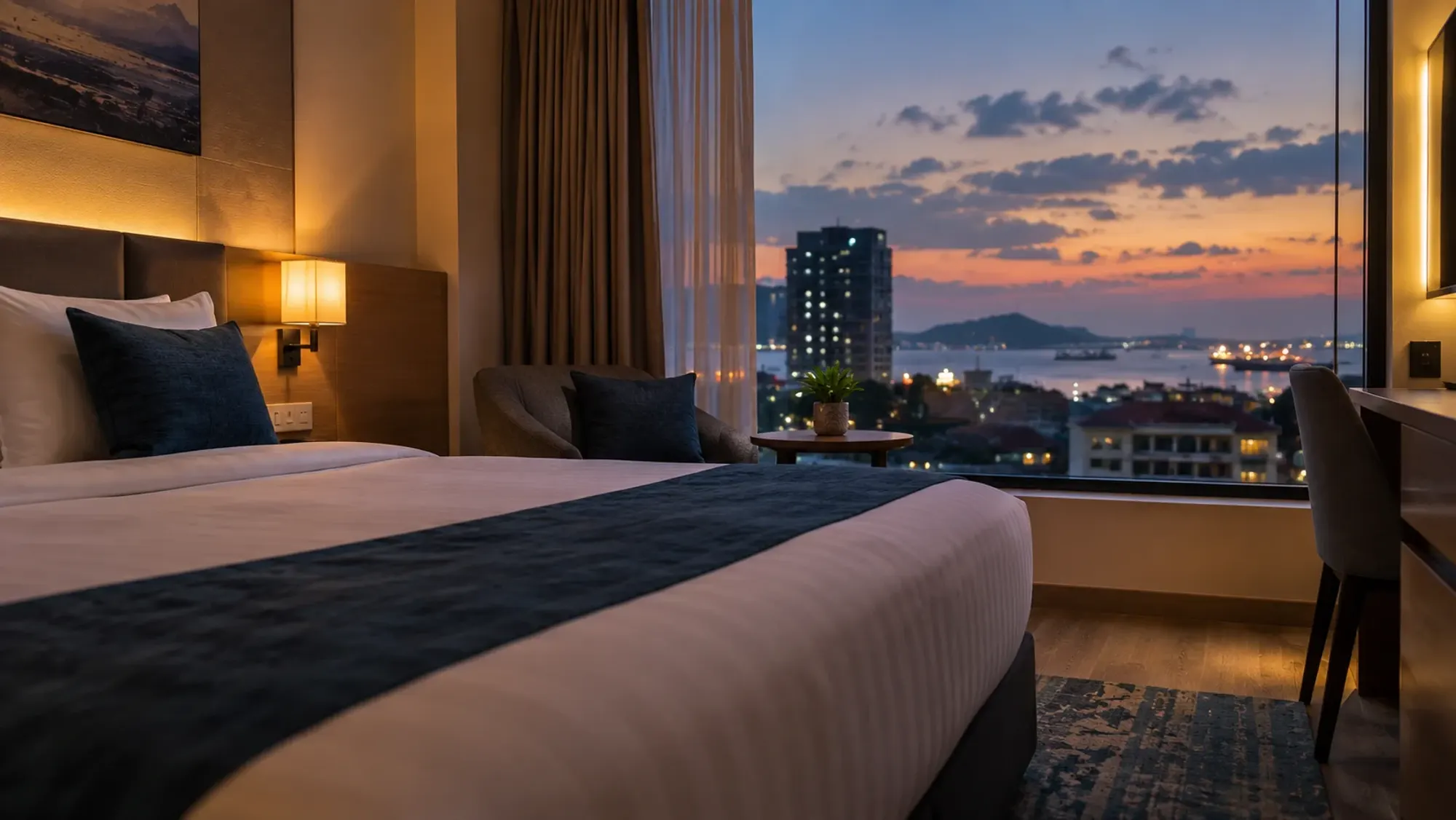 A neatly made guest room with a window view of a 3-star city hotel — Zest Harbour Bay Batam, a 3-star city hotel in Harbour Bay, Batam